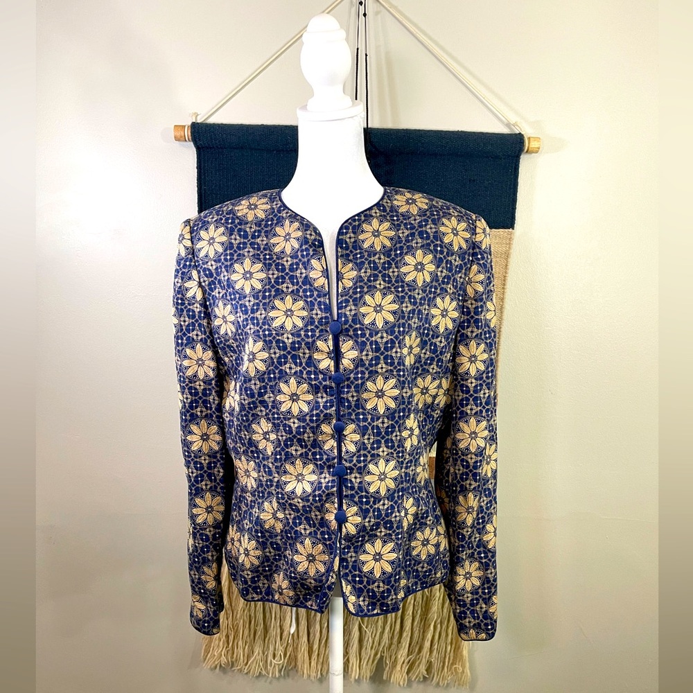 VTG Adrianna Papell 80s 90s 100% Silk Blazer Gold Floral Navy Crop Geometric 8